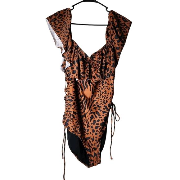 Coral Tropics One Piece Swimsuit Plus Size 3X Animal Print Ruffle Open Sides - Picture 1 of 6